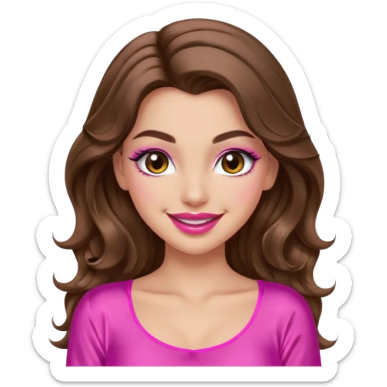 girl with long wavy brown hair, brown eyes, long lashes makeup, sexy pink lips, light to medium complexion, wearing a pink sexy silk top, winking  sticker