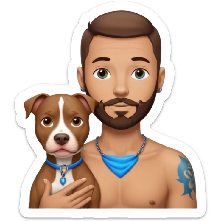 Man with brown beard and very short brown hair and blue eyes, neck tattoo with tan male pit bull  sticker