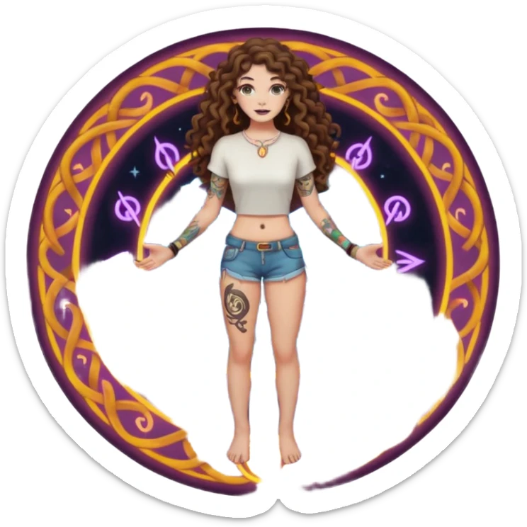 full body view of a woman with long curly brown hair, brown eyes, white skin, tattoos, standing in a magic circle on the ground, neon symbols around her feet sticker