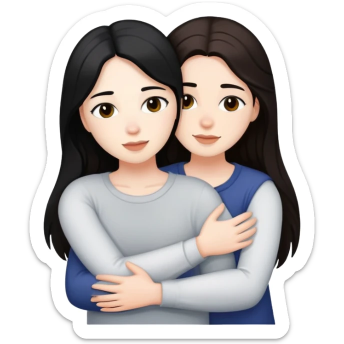A lesbian couple with white skin and long black and brown hair hugging intimately sticker