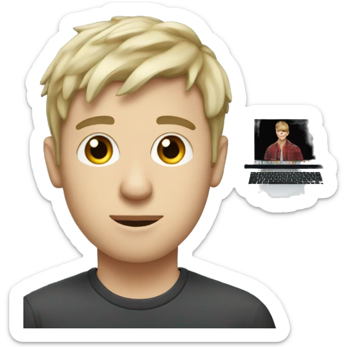 white boy Music producer with a macbook, short hair with fringe sticker
