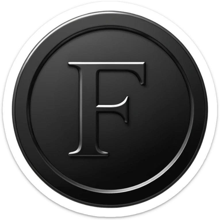 Emoji icon of a black coin with engraved letter F, minimalist style, isolated, only black color sticker