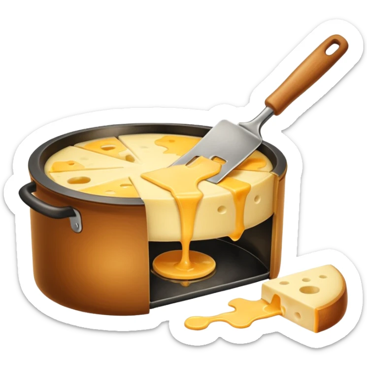 a half wheel of raclette cheese being scraped with a metal spatula, melted cheese flowing, warm golden colors, modern emoji style, clean outlines, transparent background sticker