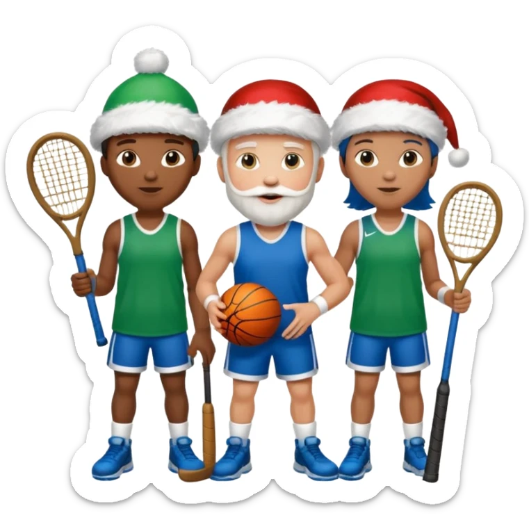 crie a imagem de 3 atletas de modalidades diferentes, usando elementos esportivos, como por exemplo bola, raquete, luca... e usando um chápeu de papai noel das cores verde e azul. sticker