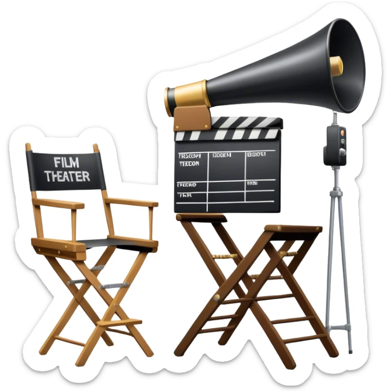Icon for Directing: a director's chair, a film slate, a megaphone, and a stage set with lights. The icon should represent the creative and leadership aspects of directing, with focus on film and theater production. Transparent background. sticker