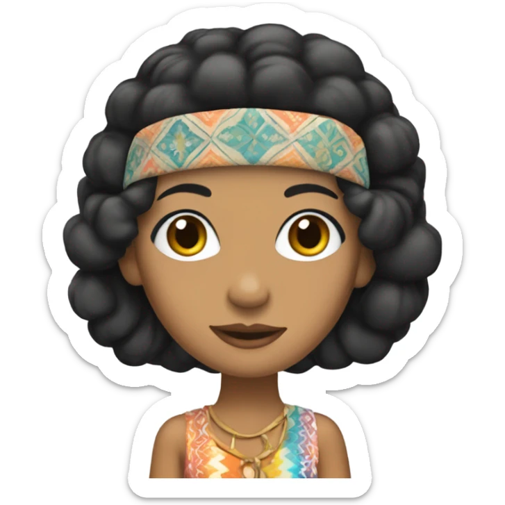 Tanned woman with black hair dressed in 1970s hippie attire, hair, makeup, and  attire with headband  sticker