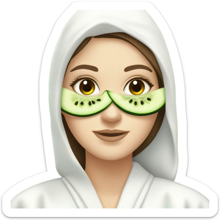 White girl with Brown hair and blue eyes wears a Green colored clay mask( skincare) and puts on cucumbers around her eyes while She relaxes in her white Robe sticker
