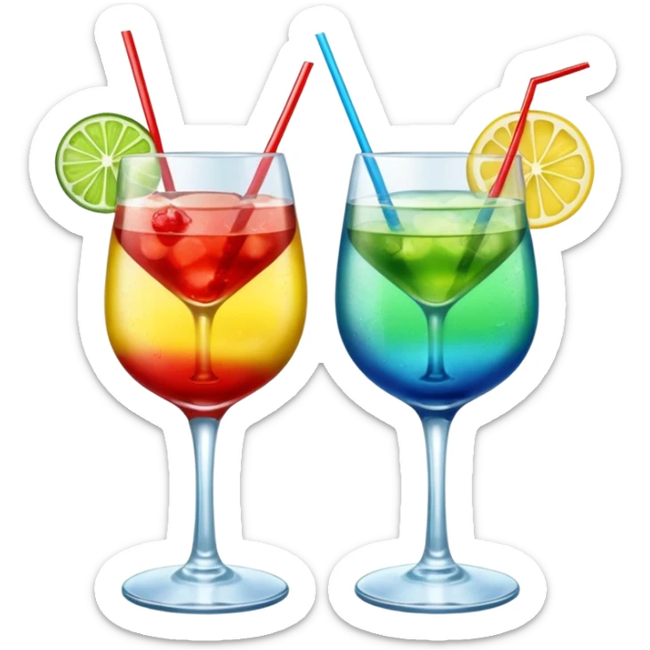 Create an emoji of two cocktails, one glass of green and yellow color and one glass of blue and red, without any fruit, put the action of cheers or party that two glass click together sticker
