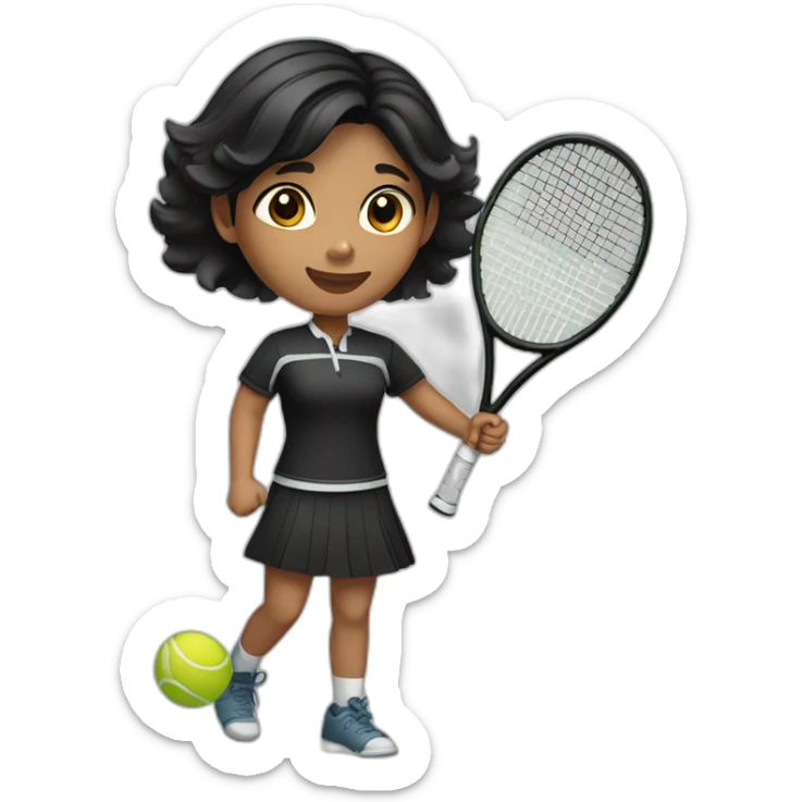 indian girl teenager playing tennis wearing a black tennis uniform with wavy black hair sticker