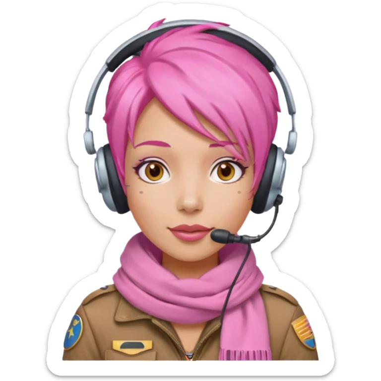 Jet Queen Mia – bubble-gum-hair pilot wearing a headset and pink scarf sticker