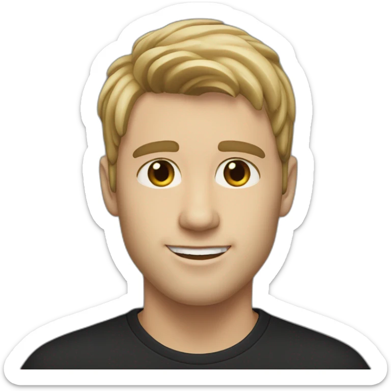 white man with clear skin with fringe up dark blonde hair style brown eyes and black t shirt sticker