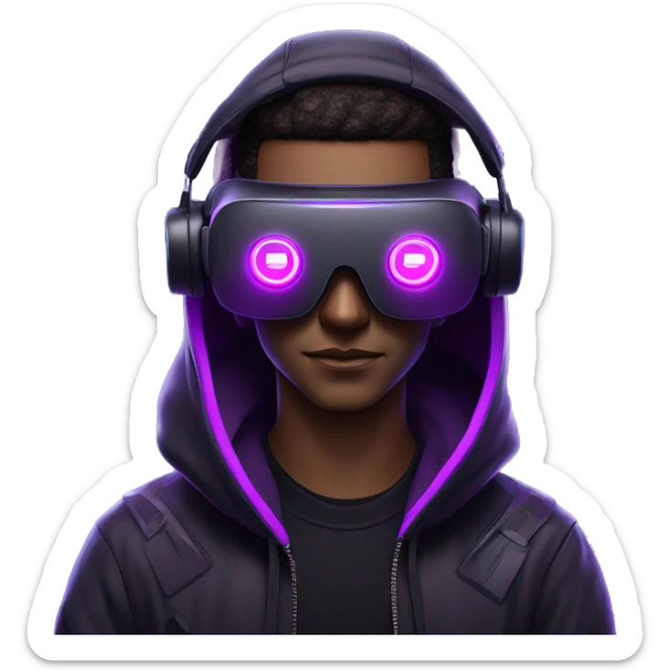 Cyberpunk style. Violet neon. Man with light skin in the black hoody with violet OMG VR logo on it wearing vr headset oculus quest 2 sticker