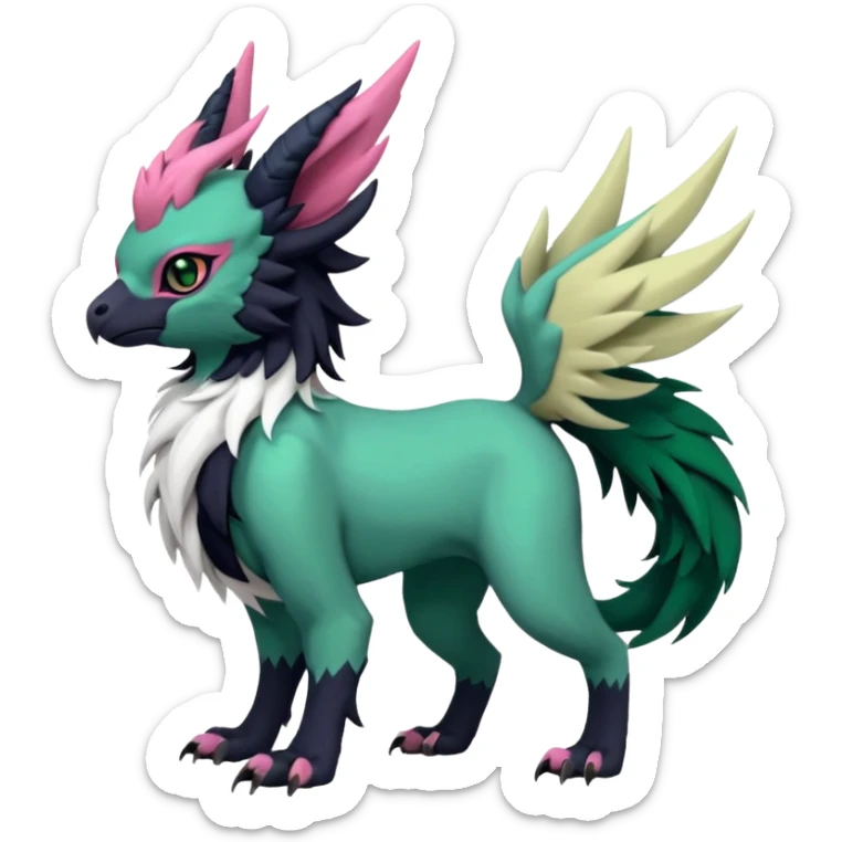 Dark-deep-Emerald-green gryphon-Trico-Nargacuga-Absol-Leafeon-Sprigatito-fusion-hybrid with a long tufted tail, black beak, pink accents, black claws, black tail, majestic, realistic, furry (full body) sticker