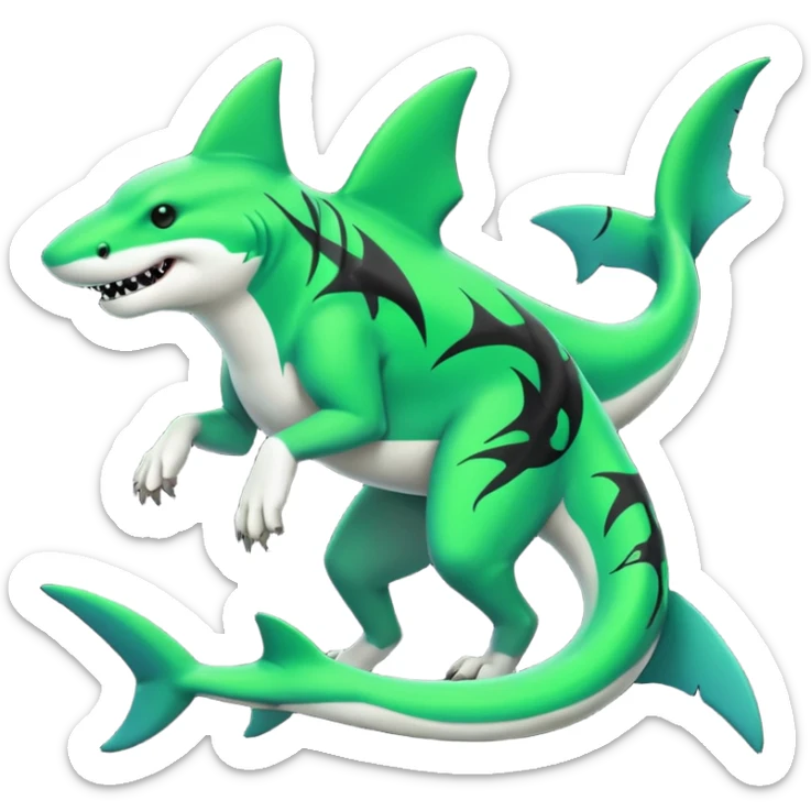 Edgy cool badass Neon-green landhai-sergal-dingo, with a shark tail, with black and dark-green swirly patterns markings sticker