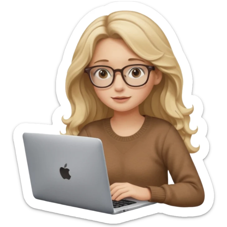 blonde girl with long dark blonde wavy hair, pantos-style glasses, a brown sweater, sitting with a laptop, soft pastel, upper body shot sticker