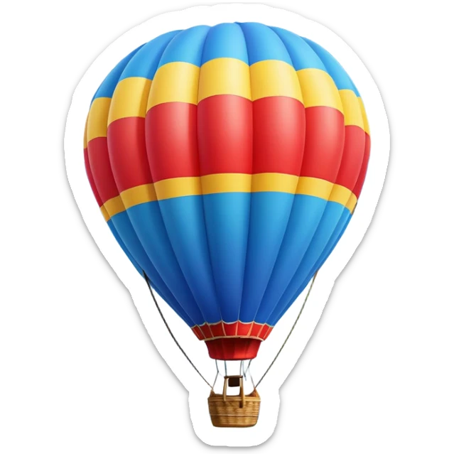 a clear sky and distant hills in the background with A colorful hot air balloon floating gracefully above the ground. The balloon's vibrant colors stand out against the soft clouds, capturing the peaceful yet adventurous spirit of hot air ballooning. sticker