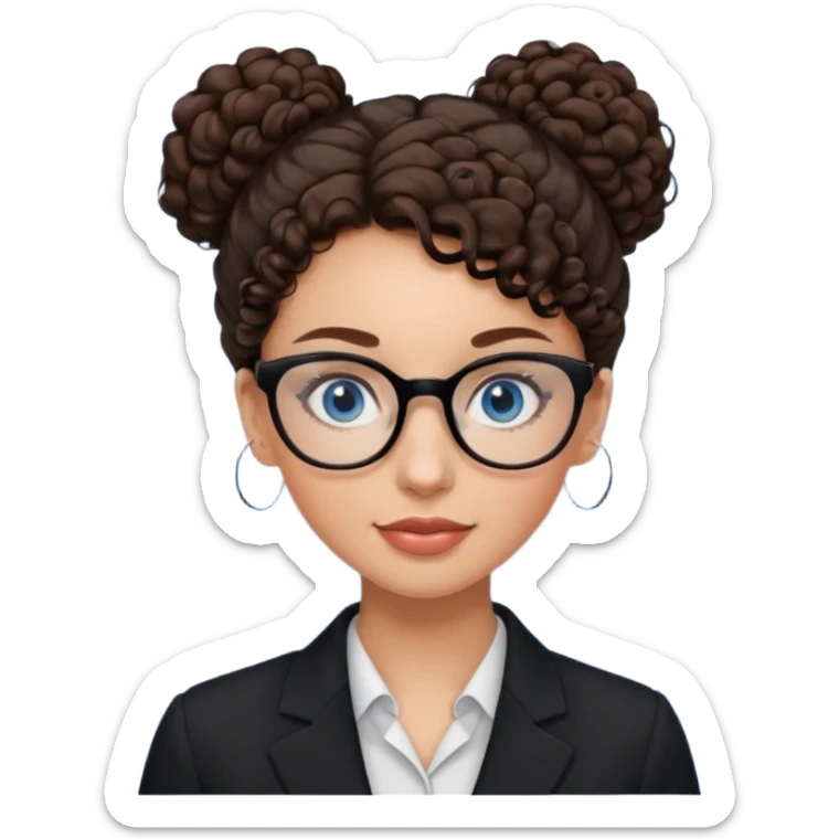a woman, 30 years old, light skin with dark brown curly hair in a bun with some face framinig pieces. eyeglasses. Black suite on. blue eyes. sticker