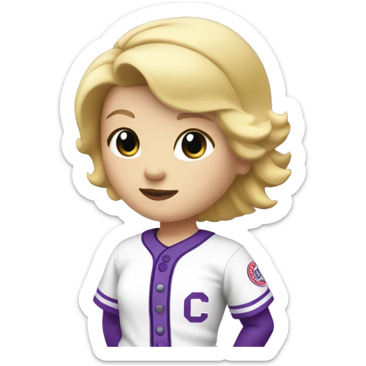 baseball card character. Blonde female short straight hair. letter C logo. Purple and white uniform. sticker