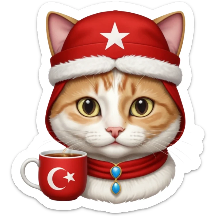 Arkasında Türk bayrağı olan  ve çay içen kafasına fes takan bir van kedisi sticker