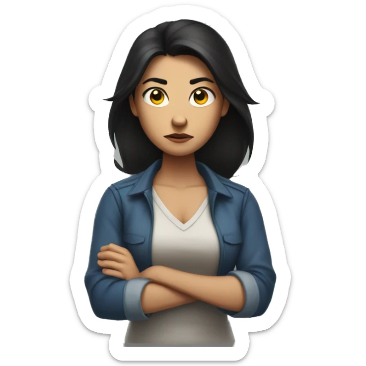 Angry scowling woman, long dark hair, with arms crossed over chest. sticker