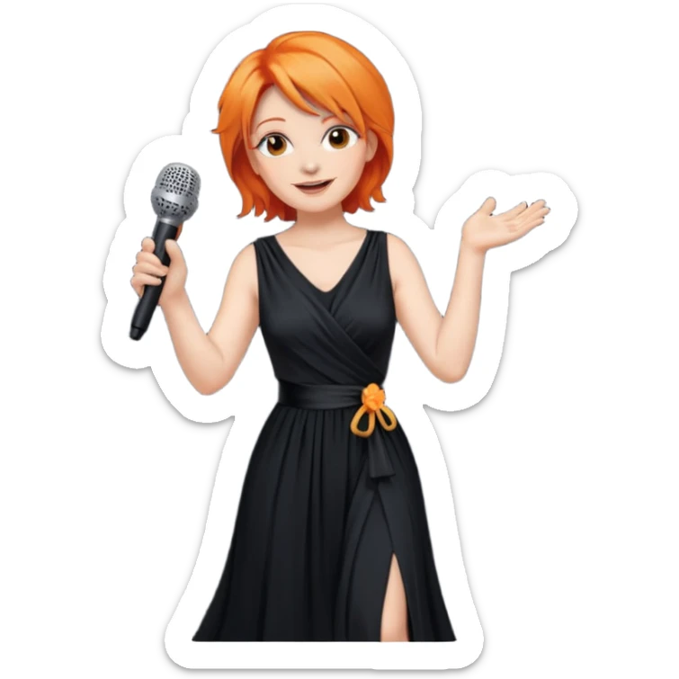 singer, Middle age, orange hair, happy, holding mic, wearing dress sticker