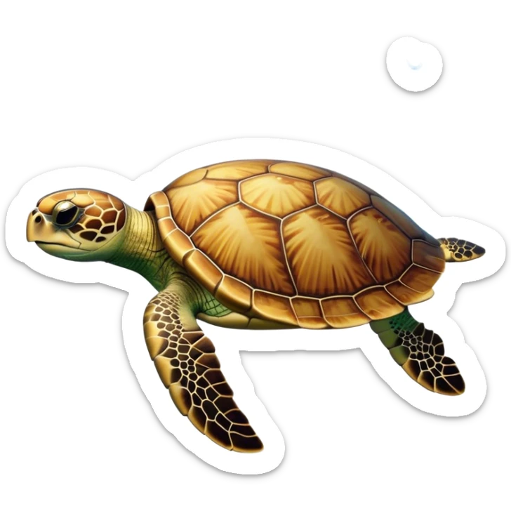 Cinematic Noble Sea Turtle Portrait Emoji, Poised and wise, with a majestic, domed shell adorned with rich, textured patterns and a smooth, ancient body gliding gracefully through the water, deep, reflective eyes exuding calm wisdom, Simplified yet sharp and sophisticated features, highly detailed, glowing with a soft, oceanic glow, high shine, intelligent and graceful, stylized with an air of timeless marine majesty, focused and serene, soft glowing outline, capturing the essence of a watchful and confident sea guardian that appears ready to glide out of the screen with effortless authority! sticker