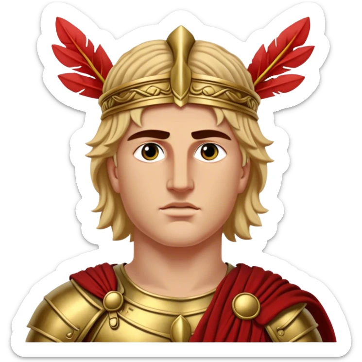 Cinematic Realistic portrait of Alexander the Great, depicted with photorealistic detail as a commanding historical conqueror, featuring sharp, lifelike facial features, meticulously rendered ancient Macedonian armor, and a laurel wreath, illuminated by natural, dramatic lighting that highlights his youthful determination and legendary presence. sticker