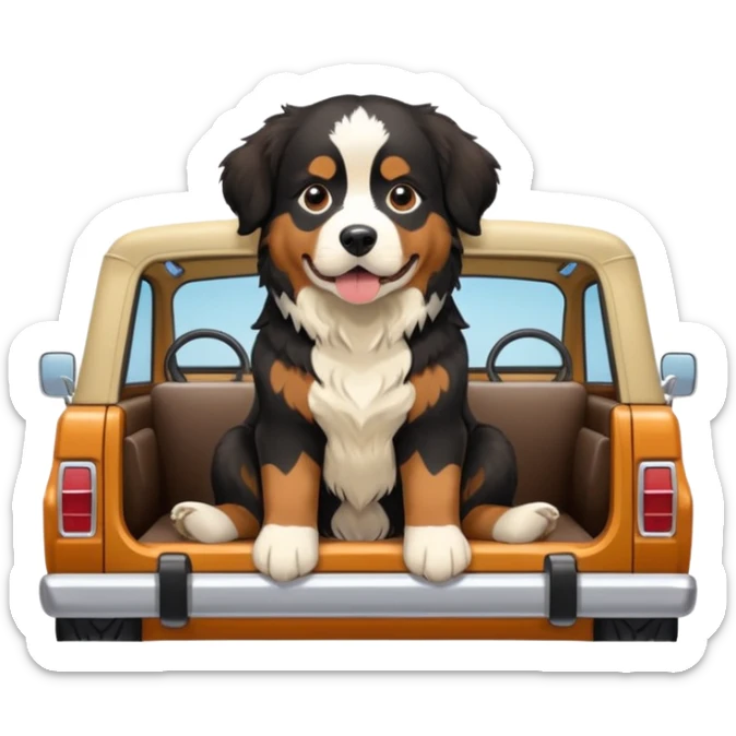 Cream colored ford bronco with no roof and an adult Bernese mountain dog in the seat sticker