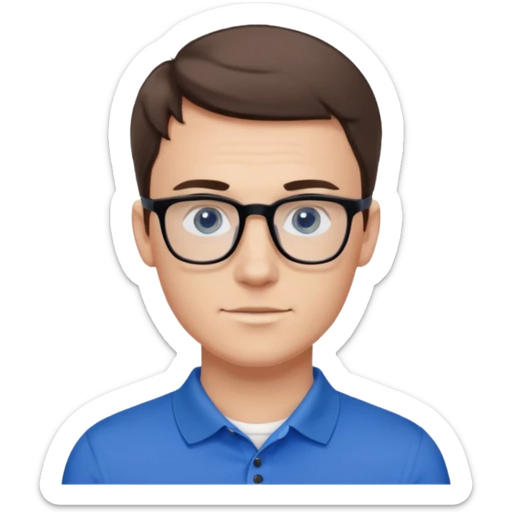 Scott The Woz Young white man, late 20s, short brown hair, blue eyes, clean-shaven, thin black rectangular glasses, slim build, wearing a blue polo shirt, friendly and energetic look. sticker