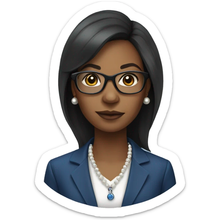 black woman ceo, black glasses, straight hair, blue blazer, pearl necklace scientist  sticker