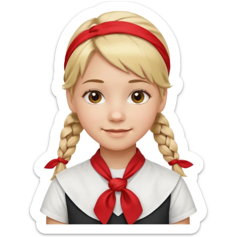 A Soviet pioneer girl emoji — smiling young girl with blonde hair tied into two short braids. She wears a white school shirt and a wide bright red pioneer neckerchief tied in a loose triangular knot at the chest (not a necktie) sticker