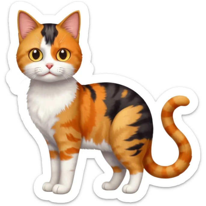 full body colourful calico tabby cat with disproportioned head with an anxious face and white front legs sticker