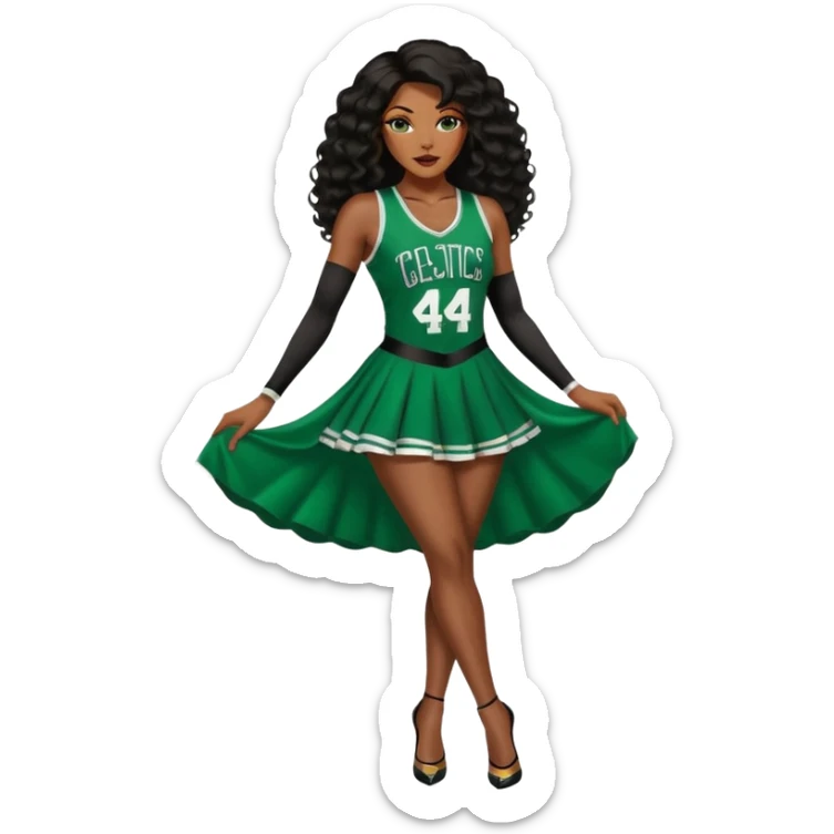 A 47-year-old dark ebony black woman with brown eyes, long body wave black brown baylaige hair dressed in sexy 
celtics jersey costume outfit and stilettos  sticker