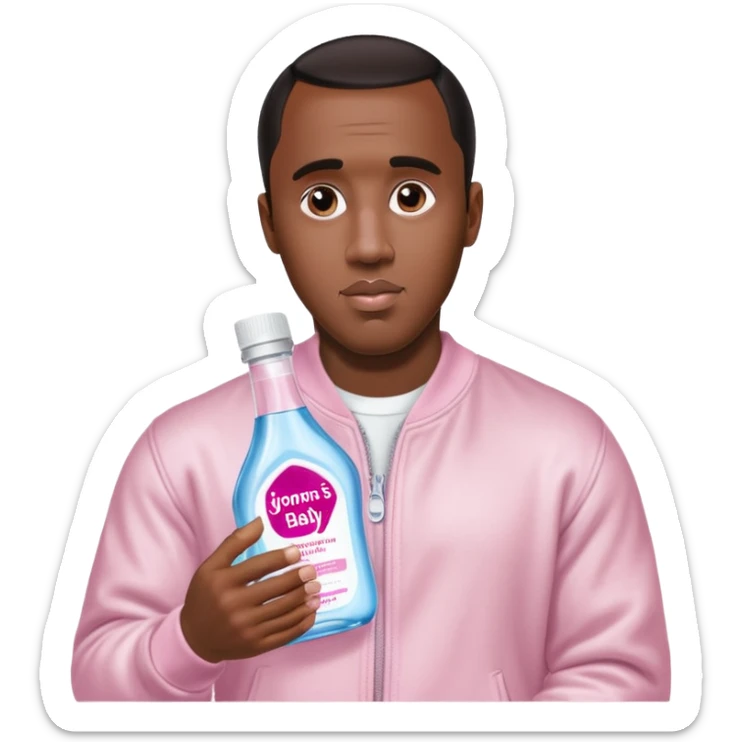A realistic product shot of a transparent bottle of Johnson’s Baby Oil by Johnson & Johnson, featuring a soft pink label. The oil inside is crystal clear and glossy. Sean "Diddy" Combs is holding the bottle sticker