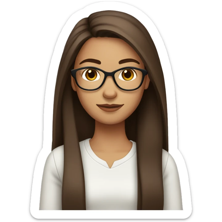 Girl with long, straight brown hair, brown eyes, light skin. And glasses. Thin eyebrows sticker