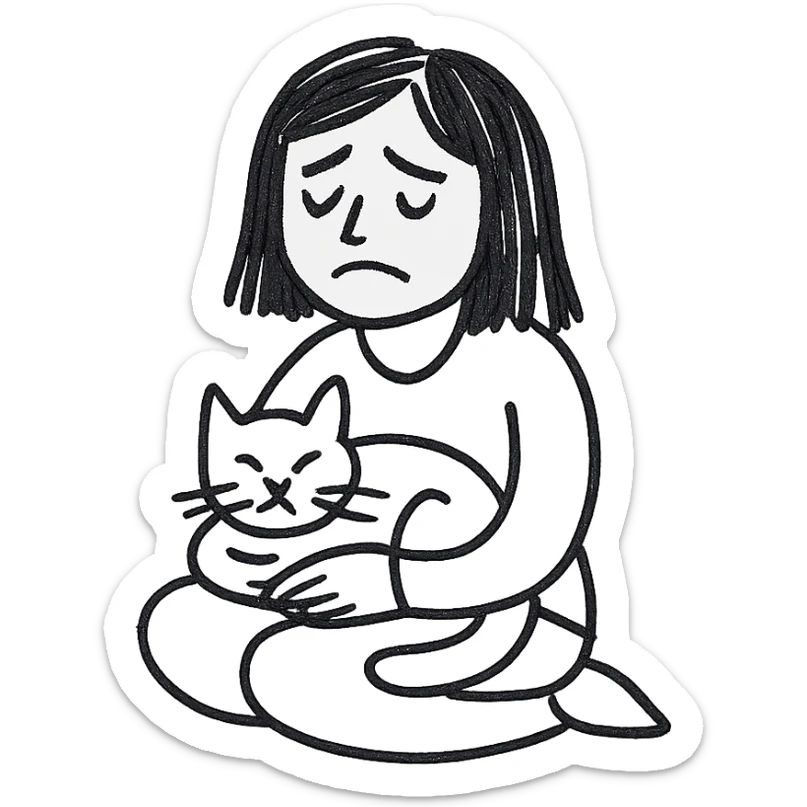 a sad brunette woman with straight hair sitting on the floor, holding a ginger cat in her lap sticker