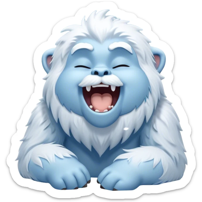 Cinematic Cute Yawning Yeti Portrait Emoji, with a charming, fluffy, snow-dusted figure in gentle whites and cool blues, head tilting back in a wide, endearing yawn with softly closed, peaceful eyes and a content little smile, simplified yet irresistibly adorable, highly detailed with a soft, frosty glow and outline capturing the serene slumber of a yeti! sticker