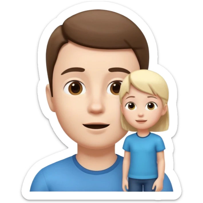 A 3D cartoon child looking up at a tall adult, white background, friendly expression, Memoji-style. sticker