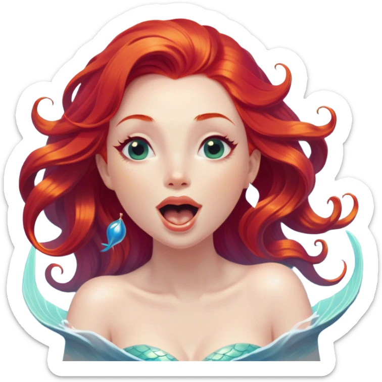 Cinematic Realistic Red Hair Mermaid Portrait, head tilted slightly with a dramatic, wide-open yawn, revealing a tender, relaxed visage with delicately detailed porcelain skin and vibrant, cascading red hair softly billowing around her. Her dreamy eyes exude a serene, aquatic charm, rendered with gentle underwater lighting and high shine—capturing the essence of a drowsy yet mesmerizing mermaid drifting into a tranquil slumber beneath the sea. sticker