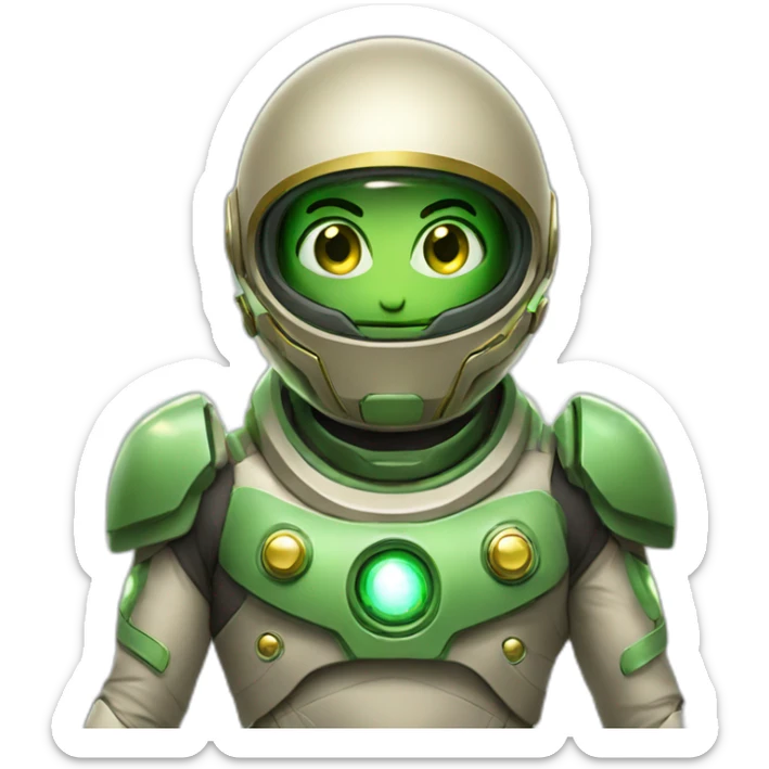 the energy-man-star with big green eyes. Dressed in a khaki spacesuit with gold accents sticker