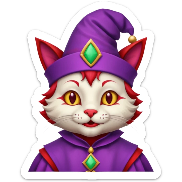 crazy colorful cute little cat jolly joker from poker, medieval, vintage, court jester, mac os icon, purple and red color, half body sticker