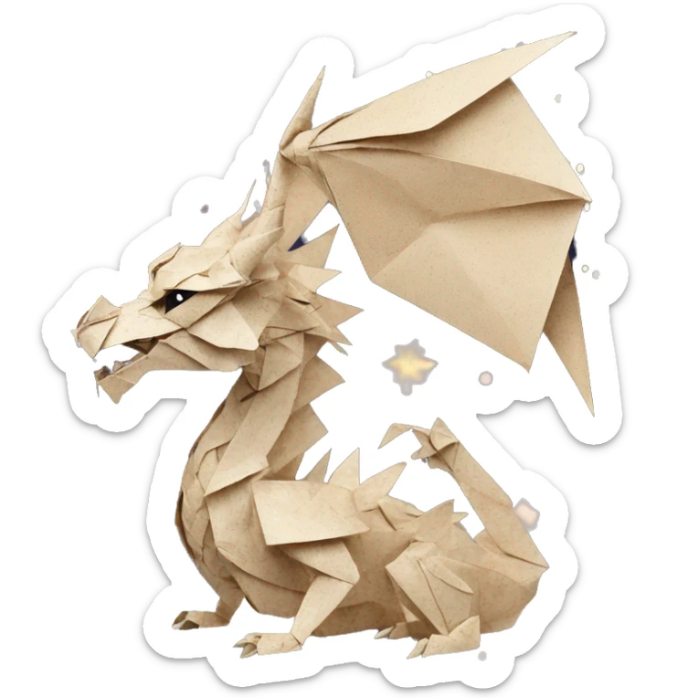 Sparkling patterned Beige Origami dragon with a dried flower crown made of newspapers intricate patterns surrounded by fairy lights nebula galaxy stars swirls sticker