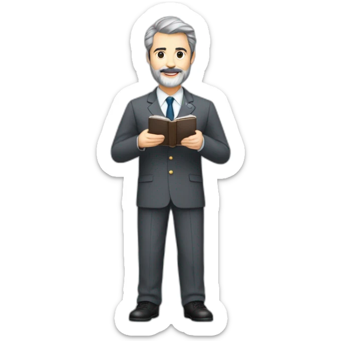 husband classy caucasian 55 some dark gray hair trimmed beard wearing business suit holding bible, with wife asian age 55 dark hair nurse uniform, no children sticker