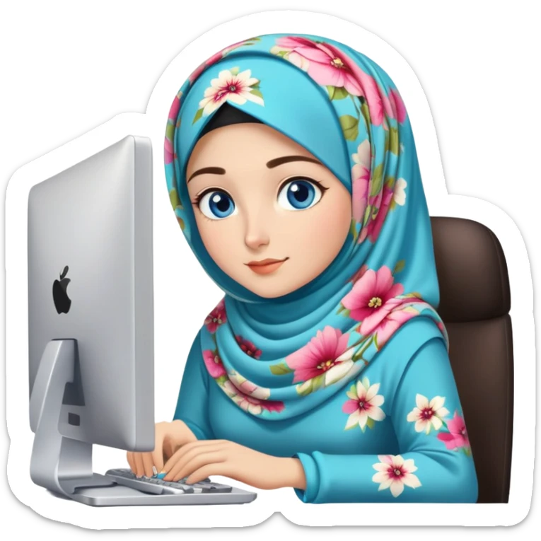 Turkish beautiful finish Konya girl blue eyes and floral hijab and dress and she work on office with computer sticker