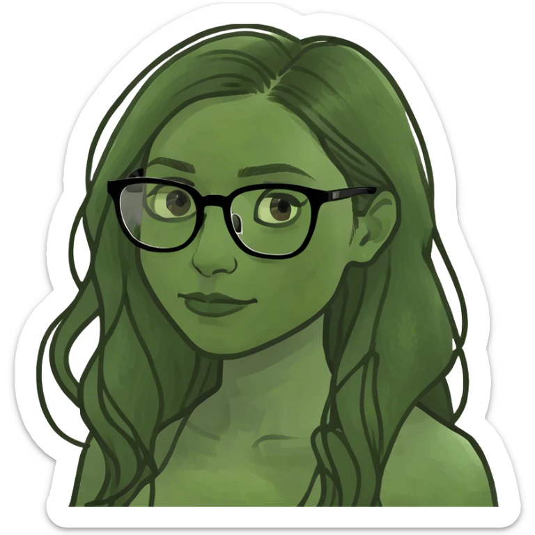 Light skinned Woman with dark roots brown  balayaged long hair and quadratic thin glasses sticker