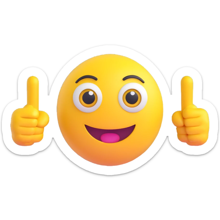 A yellow round emoji character with big eyes and a confident smile, clearly pointing both index fingers at itself. Strong “ME!” expression. Bold cartoon style, isolated on white sticker