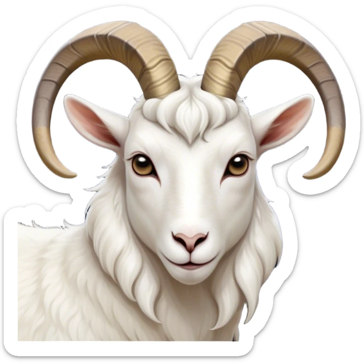 Cinematic Noble White Goat Portrait Emoji, Poised and regal, with a sturdy, agile build and a pristine, smooth white fur accented by gracefully curved horns, deep-set soulful dark eyes, Simplified yet sharp and sophisticated features, highly detailed, glowing with a soft, dignified glow, high shine, intelligent and spirited, stylized with an air of pastoral elegance, focused and attentive, soft glowing outline, capturing the essence of a watchful and confident goat, so majestic it feels as though it could leap out of the screen with effortless authority! sticker