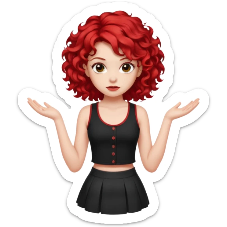 red haired girl with 2 big curls on the sides of her hair with a button up black tank top with red accents and a short skirt with red end sticker