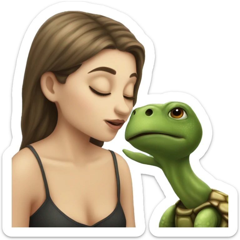 A white girl with dark hair kisses a little turtle sticker