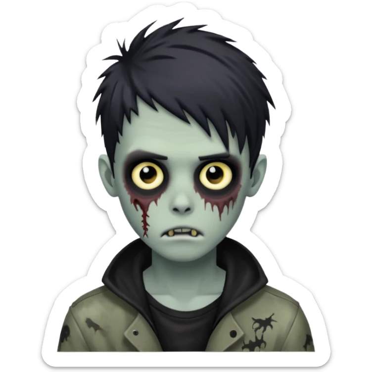 Zombie Boy with black emo messy hair and teenager aparience, black background sticker